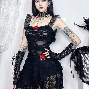 Women's Gothic Clothing Black Ruffles Lace Gothic Polyester Tunic Retro Costumes