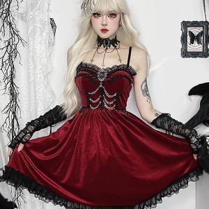 Women's Gothic Clothing Burgundy Lace Ruffles Chains Gothic Velour Tunic Retro Costumes