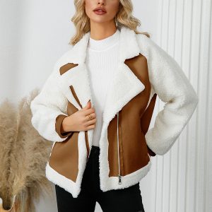 Women's Jackets Turndown Collar Zipper Chic Street Wear Deep Apricot Winter Jacket