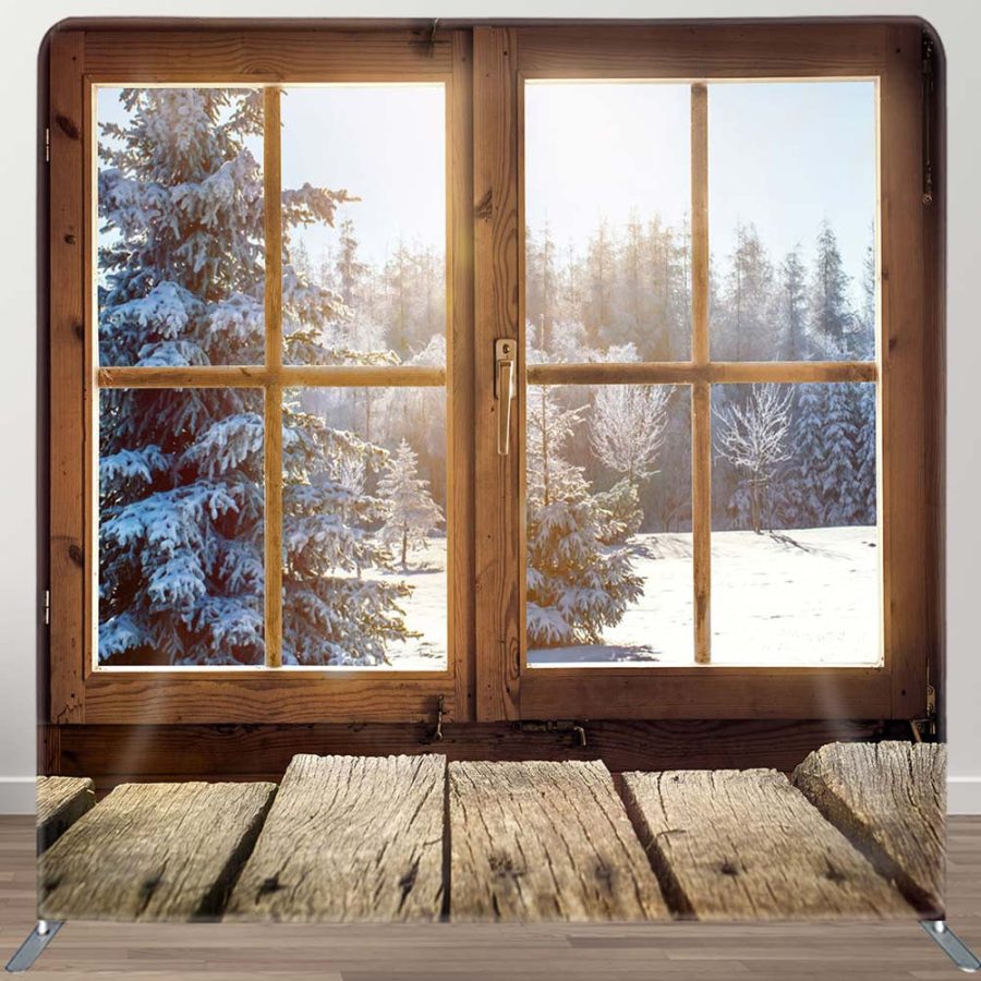 Wood Window Pine Tree Scene Square Photo Backdrop - Aperturee