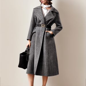 Woolen Coat For Woman Belted Large lapel Herringbone Pattern Wrap Coat