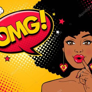 Wow pop art female face. Sexy surprised young african american woman with open mouth and Oh My God speech bubble. Vector bright background in pop art retro comic style. Invitation party poster.