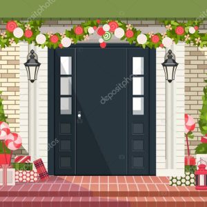 vector illustration. Christmas decorations on the front door of a residential building, a wreath of plants and garlands, gift wrapping,