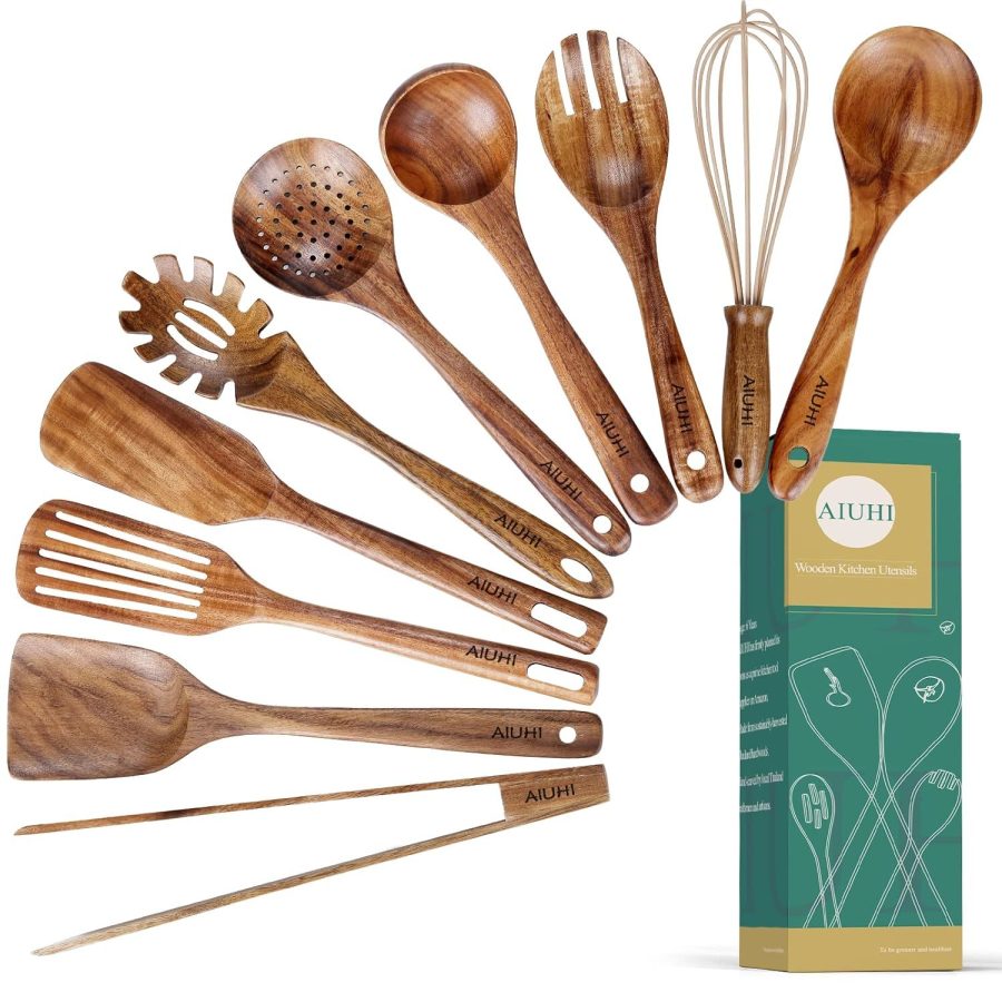 10 Pack Wooden Utensils For Cooking, Wood Utensil Set For Kitchen, Teak Wooden S