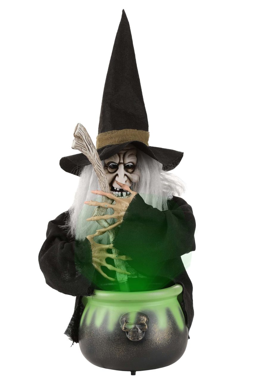 17-Inch Black Brewing Witch with Cauldron Decoration