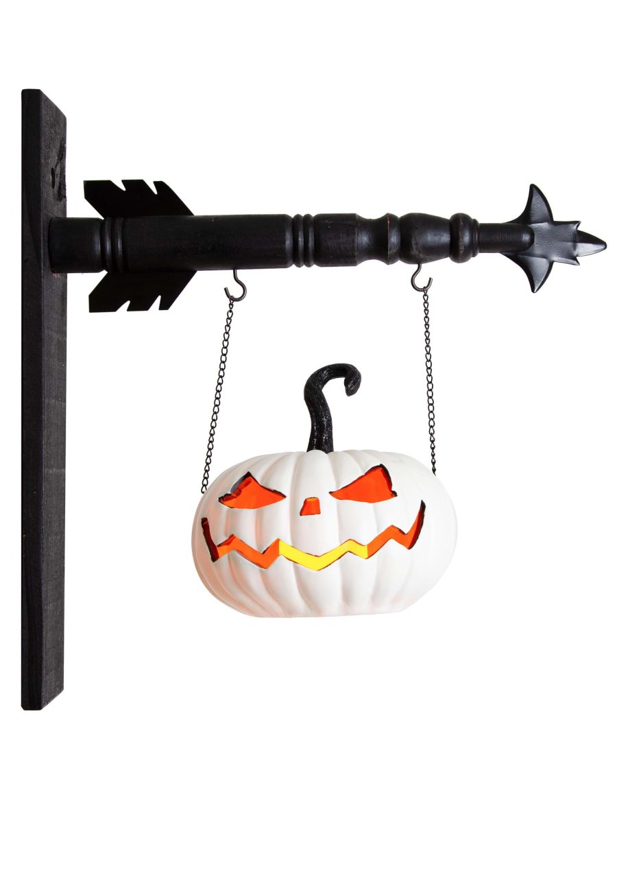 7 Inch White Resin LED Jack O Lantern Arrow Figure