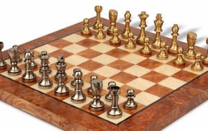 Abstract Staunton Solid Brass Chess Set with Elm Burl Chess Board