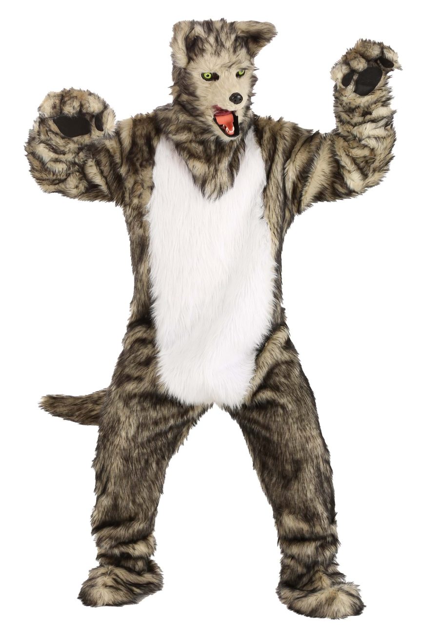 Adult Wolf Mascot Costume with Mouth Mover Mask