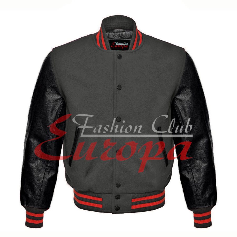 American Unisex Black Real Leather Sleeve Letterman College Varsity Wool Jacket