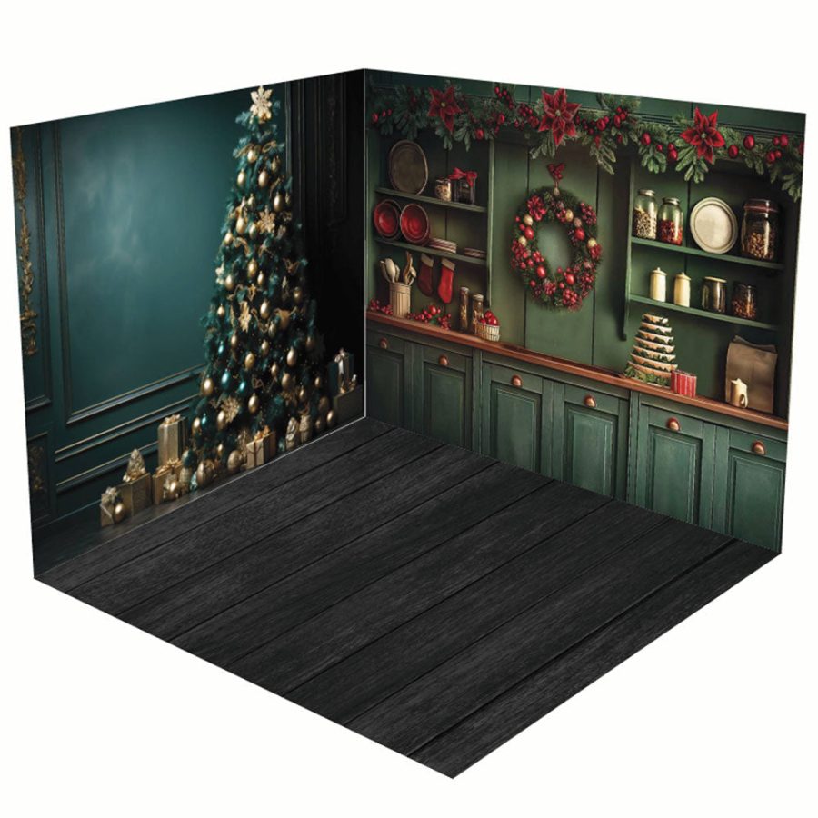 Aperturee Retro Green Kitchen Tree Christmas Room Set Backdrop - Lofaris