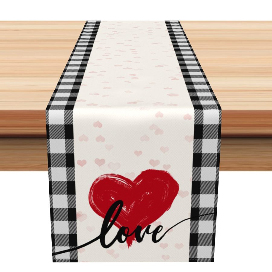 Aperturee Romantic Hearts Plaid Valentines Day Table Runner | Seasonal Printed Table Runner | Custom Printed Table Runner | Table Banner Printing