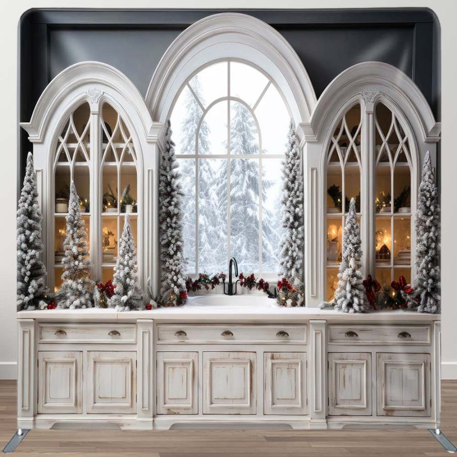 Arch Windows Cabinet Snowy Christmas Square Backdrop - Aperturee