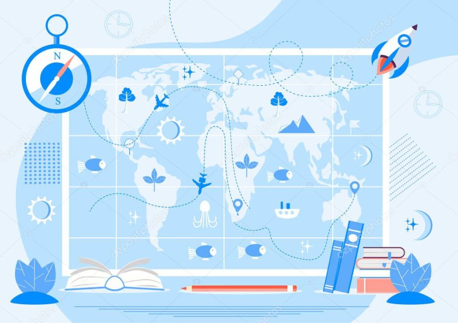 Atlas with metrics, compass, and oceans concept vector. Tiny geographers study earth. Geography and topography research illustration. Teacher in front of map in school