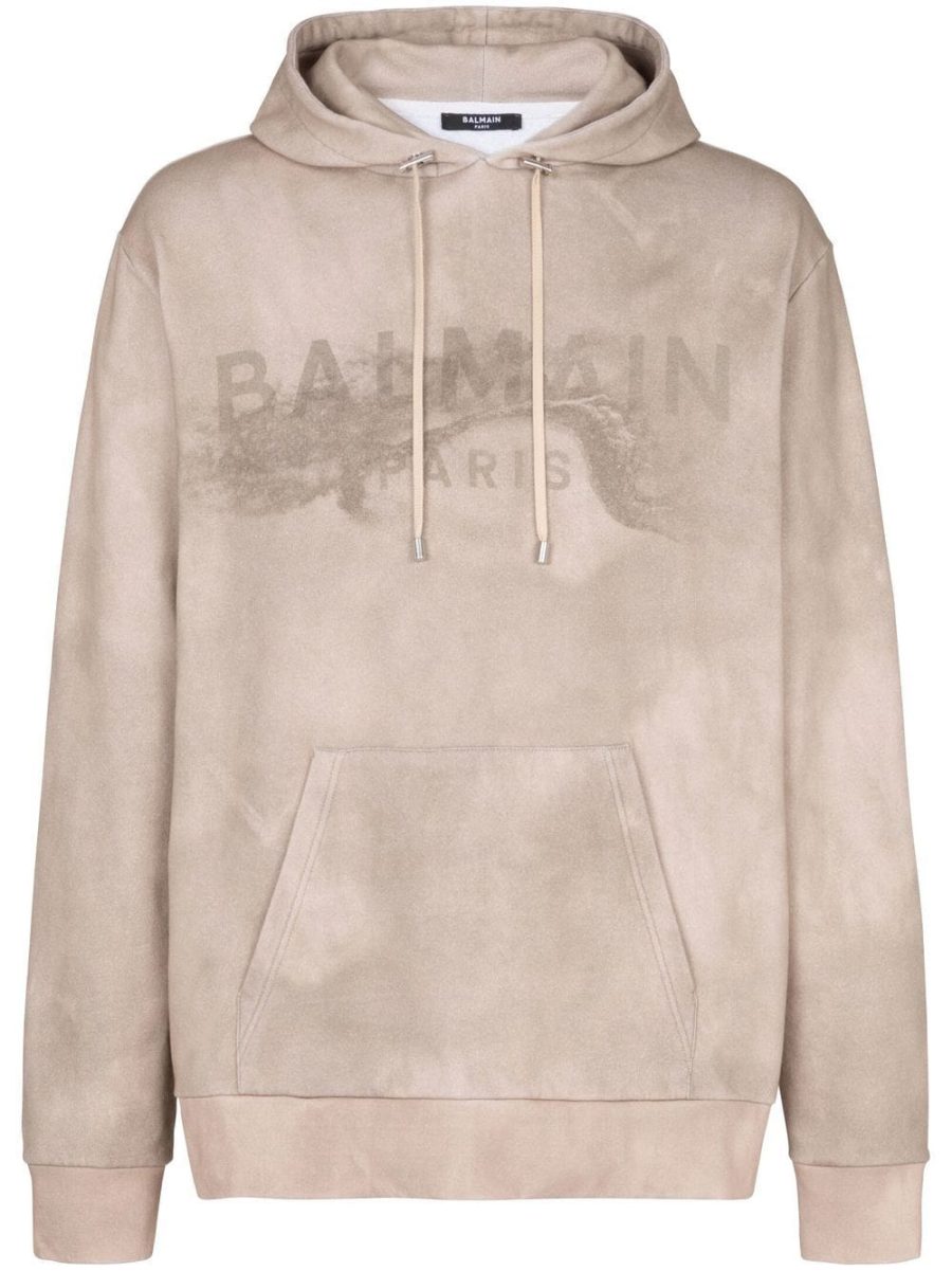 BALMAIN Logo Desert Printed Oversized Hoodie Molt Sand Almond Beige