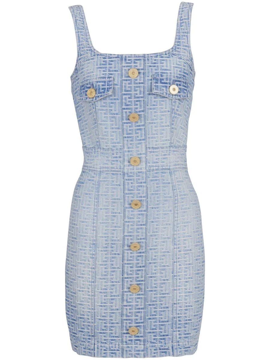 BALMAIN WOMEN All Over Monogram Denim Dress Blue