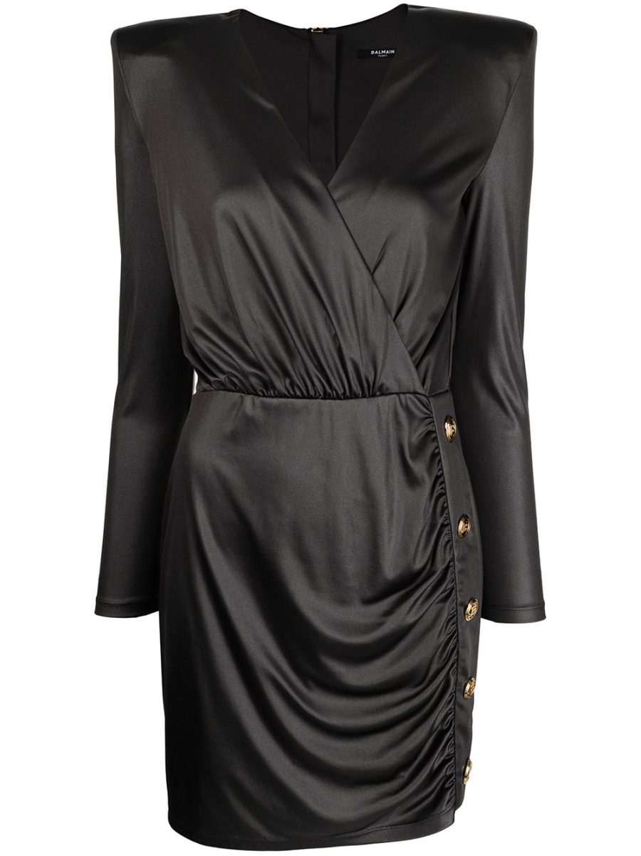 BALMAIN WOMEN Metallic Draped Padded-shoulder Dress Black