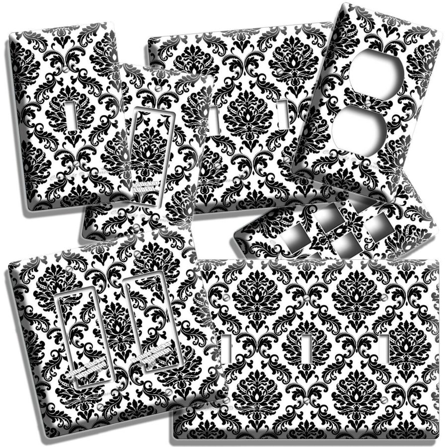 BLACK AND WHITE DAMASK MOTIVE LIGHT SWITCH OUTLET WALL PLATE ROOM HOME ART DECOR