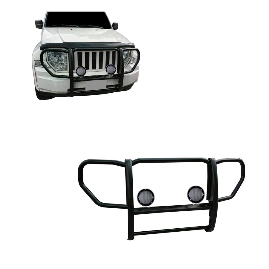 BLACK HORSE 17A086400A-PLFB Grille brush Bumper Guard 1-Piece Black Come with Pair of 5.3 INCH Dia.LED Lights with Black Trim Rings Compatible with 2008-2012 Jeep Liberty