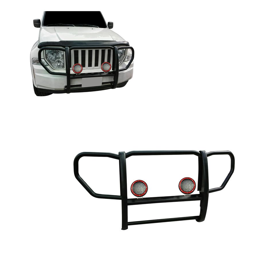 BLACK HORSE 17A086400A-PLFR Grille brush Bumper Guard 1-Piece Black Come With Pair of 5.3 INCH Dia.LED Lights with Red Trim Rings Compatible with 2008-2012 Jeep Liberty