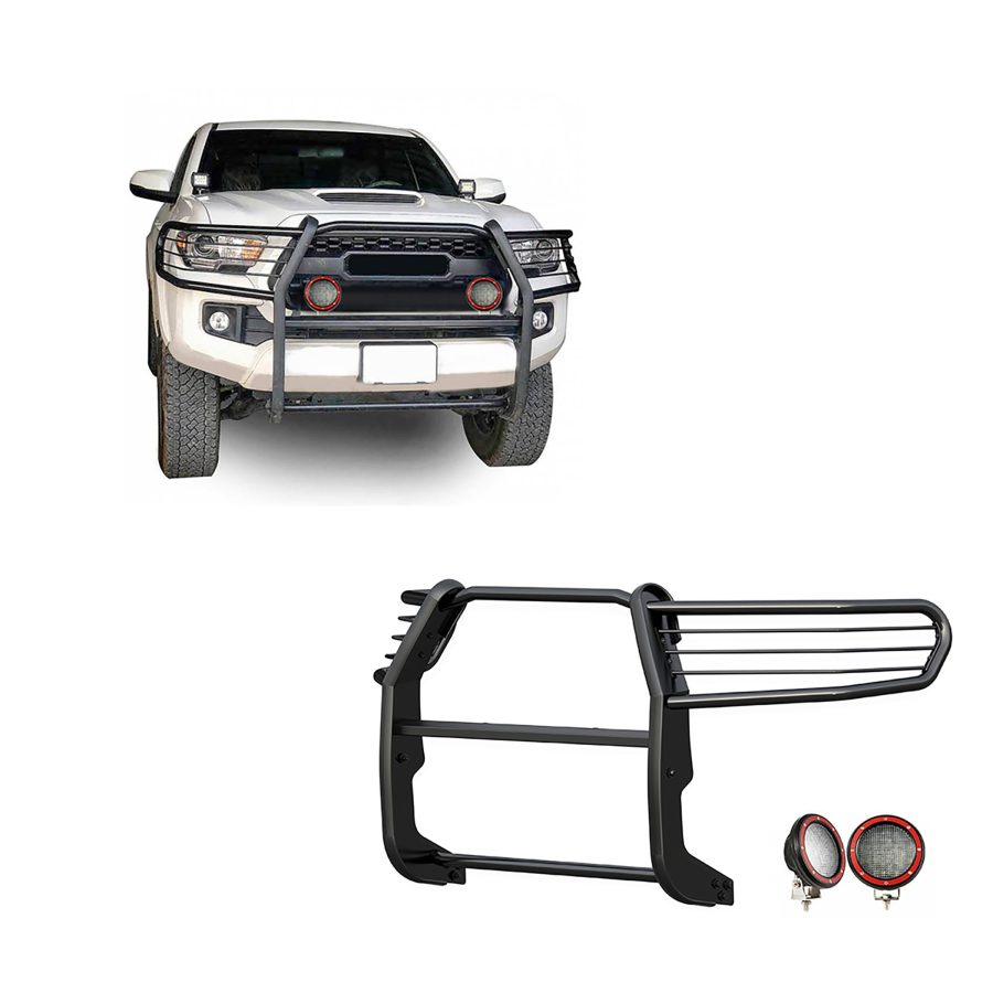 BLACK HORSE 17A096402MA-PLFR Grille brush Bumper Guard Modular Black Come With Pair of 5.3 INCH Dia.LED Lights with Red Trim Rings Compatible with 2016-2023 Toyota Tacoma