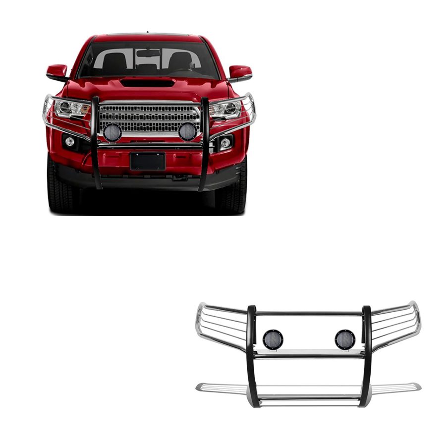 BLACK HORSE 17A096402MSS-PLFB Grille brush Bumper Guard Modular Stainless Steel Come with Pair of 5.3 INCH Dia.LED Lights with Black Trim Rings Compatible with 2016-2023 Toyota Tacoma