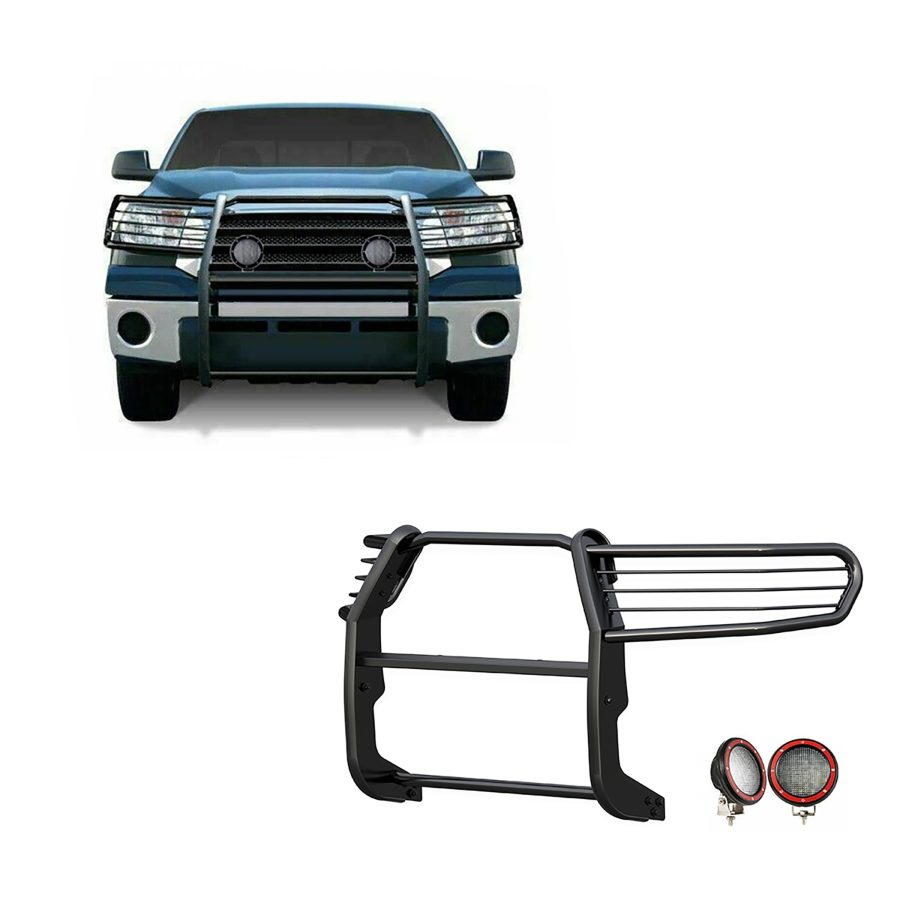 BLACK HORSE 17A098900MA-PLFR Grille brush Bumper Guard Modular Black Come With Pair of 5.3 INCH Dia.LED Lights with Red Trim Rings Compatible with 08-22 Sequoia|07-21 Tundra(Excl. 08-21 Platinum/LTd)