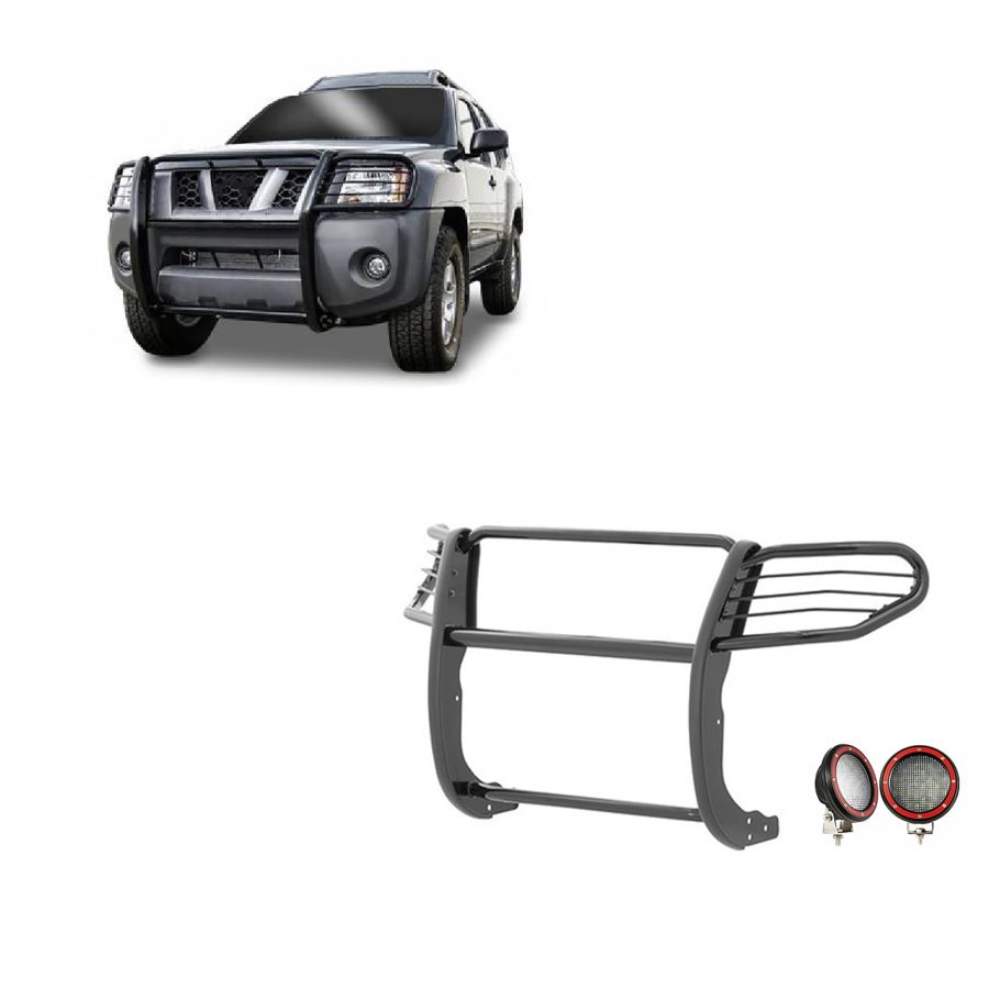 BLACK HORSE 17A112100MA-PLFR Grille brush Bumper Guard Modular Black Come With Pair of 5.3 INCH Dia.LED Lights with Red Trim Rings Compatible with 2005-2015 Nissan Xterra