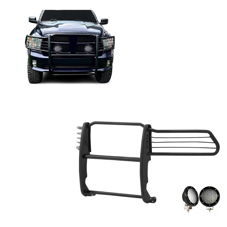 BLACK HORSE 17DG109MA-PLFB Grille brush Bumper Guard Modular Black Come with Pair of 5.3 INCH Dia.LED Lights with Black Trim Rings Compatible with 2009-2018 Dodge Ram 1500|2019-2024 Ram 1500 Classic