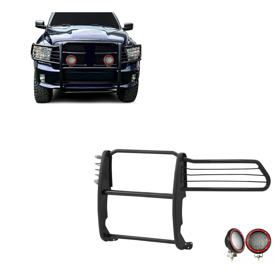 BLACK HORSE 17DG109MA-PLFR Grille brush Bumper Guard Modular Black Come With Pair of 5.3 INCH Dia.LED Lights with Red Trim Rings Compatible with 2009-2018 Dodge Ram 1500|2019-2024 Ram 1500 Classic