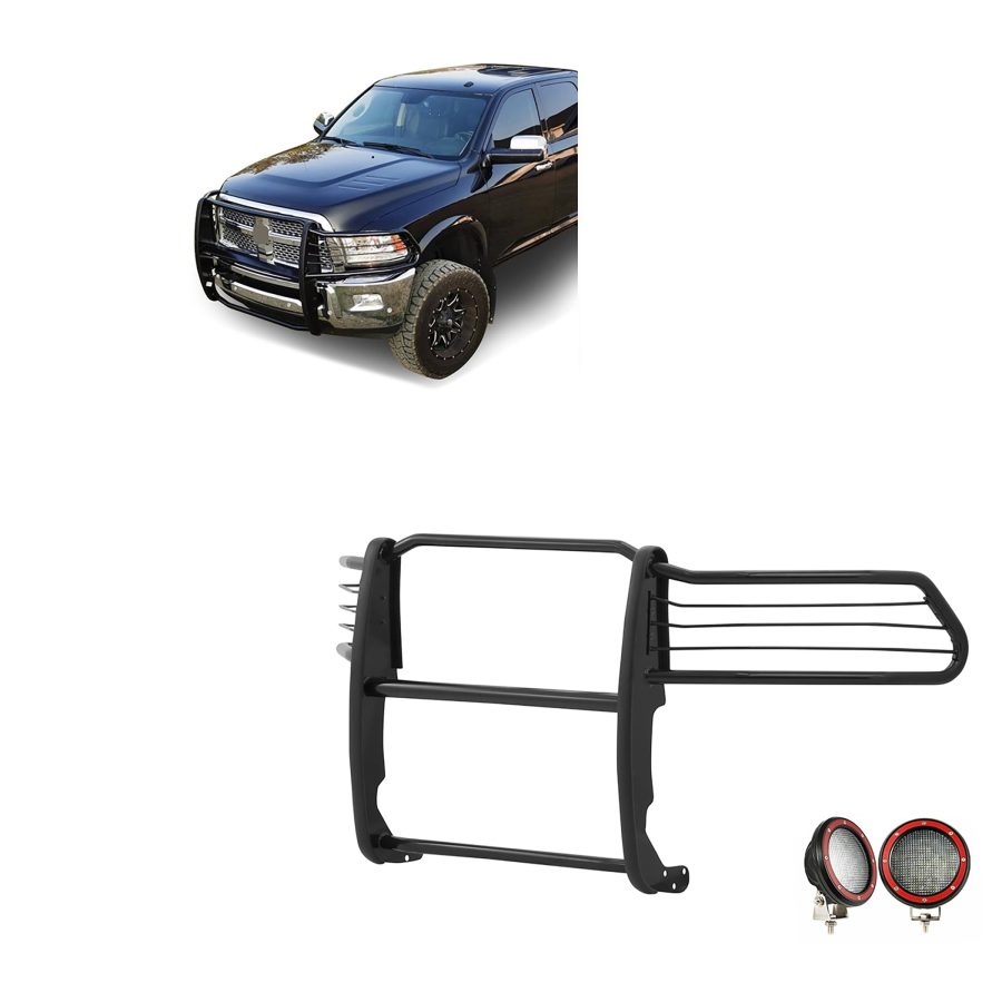 BLACK HORSE 17DR01MA-PLFR Grille brush Bumper Guard Modular Black Come With Pair of 5.3 INCH Dia.LED Lights with Red Trim Rings Compatible with 2010-2018 Ram 2500|2011-2018 Ram 3500