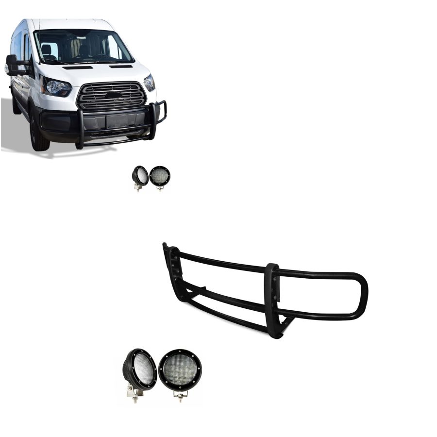 BLACK HORSE 17FOTRMA-PLFB SPARTAN Grille brush Bumper Guard Modular Black Come with Pair of 5.3 INCHLED Lights with Black Trim Rings Compatible with 2015-2019 Ford Transit-150/Transit-250/Transit-350