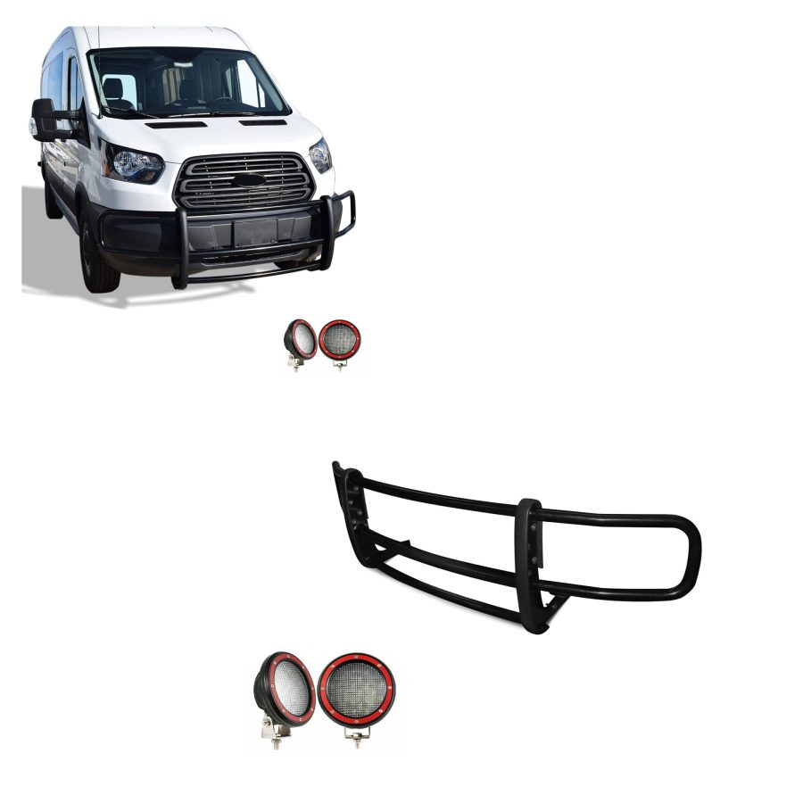 BLACK HORSE 17FOTRMA-PLFR SPARTAN Grille brush Bumper Guard Modular Black Come With Pair of 5.3 INCHLED Lights Compatible with 2015-2019 Transit-150|2015-2019 Transit-250|2015-2019 Transit-350