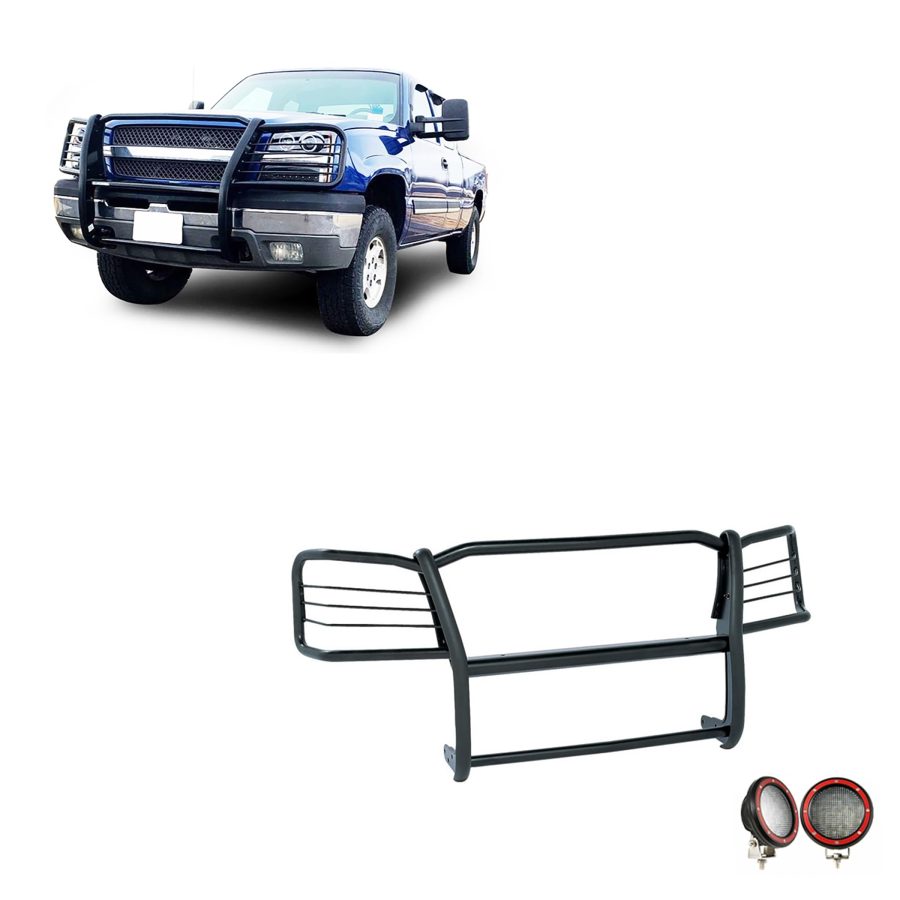 BLACK HORSE 17GT25MA-PLFR Grille brush Bumper Guard Modular Black Come With Pair of 5.3 INCHLED Lights with Red Trim Rings Compatible with 2003-2006 Silverado 1500|2007 Silverado 1500 HD Classic