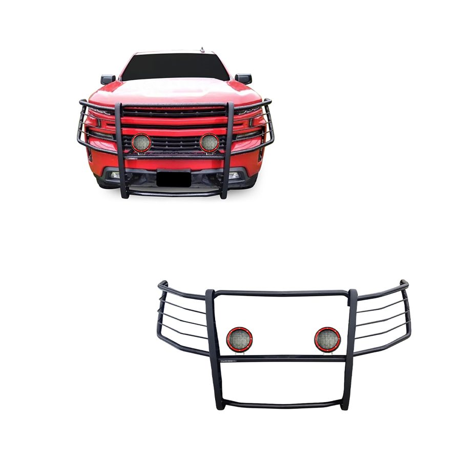 BLACK HORSE 17GT29MA-PLFR Grille brush Bumper Guard Modular Black Come With Pair of 5.3 INCH Dia.LED Lights with Red Trim Rings Compatible with 2019-2021 Silverado 1500|2022-2022 Silverado 1500 LTD