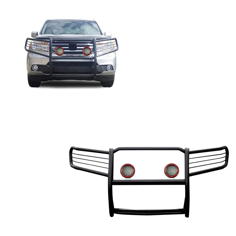 BLACK HORSE 17H151400MA-PLFR Grille brush Bumper Guard Modular Black Come With Pair of 5.3 INCH Dia.LED Lights with Red Trim Rings Compatible with 2009-2015 Honda Pilot