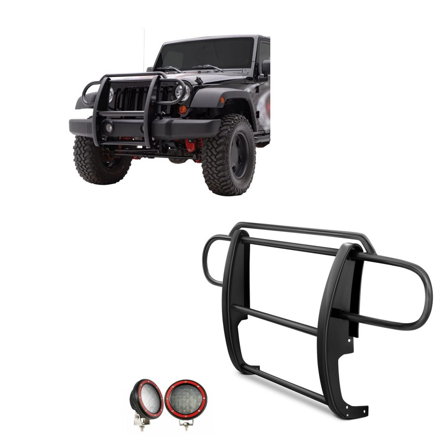 BLACK HORSE 17JPWRMA-PLFR Grille brush Bumper Guard Modular Black Come With Pair of 5.3 INCH Dia.LED Lights with Red Trim Rings Compatible with 2007-2017 Jeep Wrangler