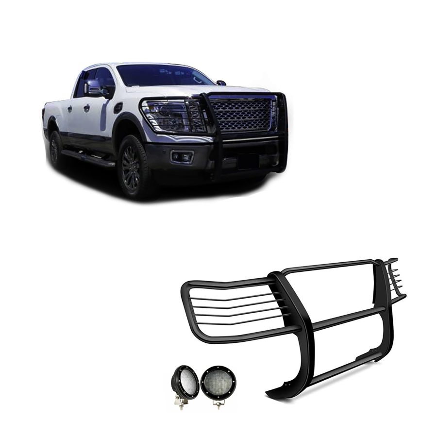 BLACK HORSE 17NR28MA-PLFB Grille brush Bumper Guard Modular Black Come with Pair of 5.3 INCH Dia.LED Lights with Black Trim Rings Compatible with 2016-204 Nissan Titan XD