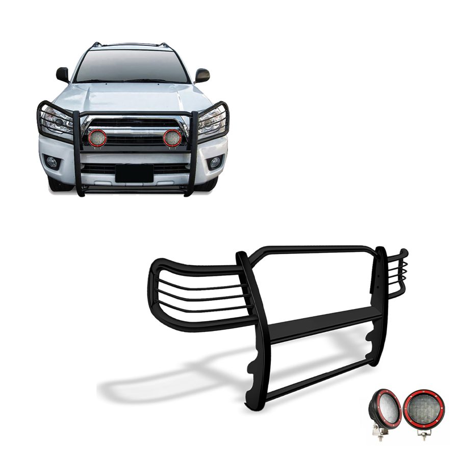 BLACK HORSE 17TU26MA-PLFR Grille brush Bumper Guard Modular Black Come With Pair of 5.3 INCH Dia.LED Lights with Red Trim Rings Compatible with 2003-2009 Lexus GX470|2003-2009 Toyota 4Runner