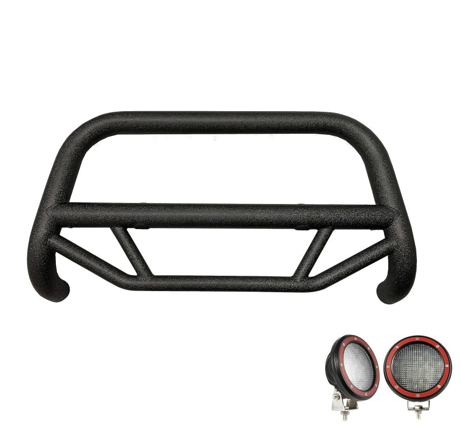 BLACK HORSE MBT-MG403-PLFR Max T Bull Bar Textured Black Come With Pair of 5.3 INCH Dia. LED Flood Lights with Red Trim Rings Compatible with 19-22 Silverado 1500 (Excl. 2019 Silverado 1500 LD)