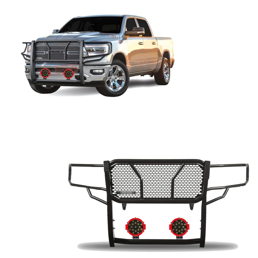 BLACK HORSE RU-DORA19-B-PLR RUGGED Heavy Duty Grille Brush Bumper Guard Modular Black Come With pair of 7.0 INCHDia.LED Lights with Red Trim Rings Compatible with 2019-2024 Ram 1500