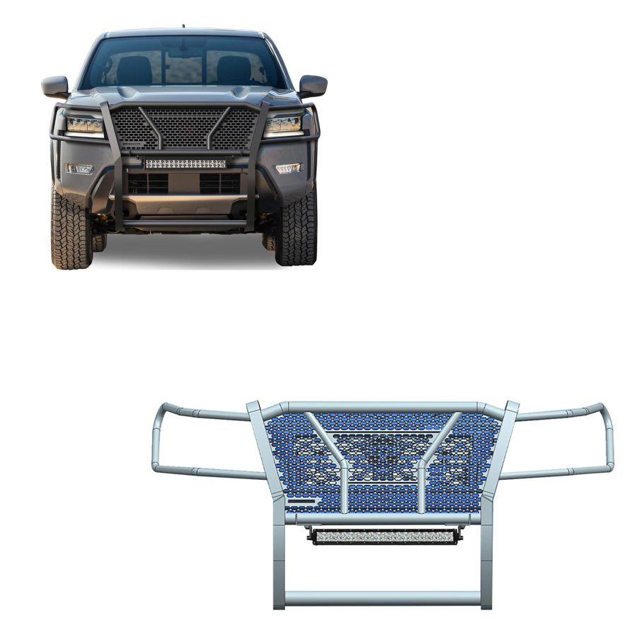 BLACK HORSE RU-NIFR22-B-K1 RUGGED Heavy Duty Grille Brush Bumper Guard Modular Black Come with 20 INCH Double Row LED Light Compatible with 2022-2024 Nissan Frontier