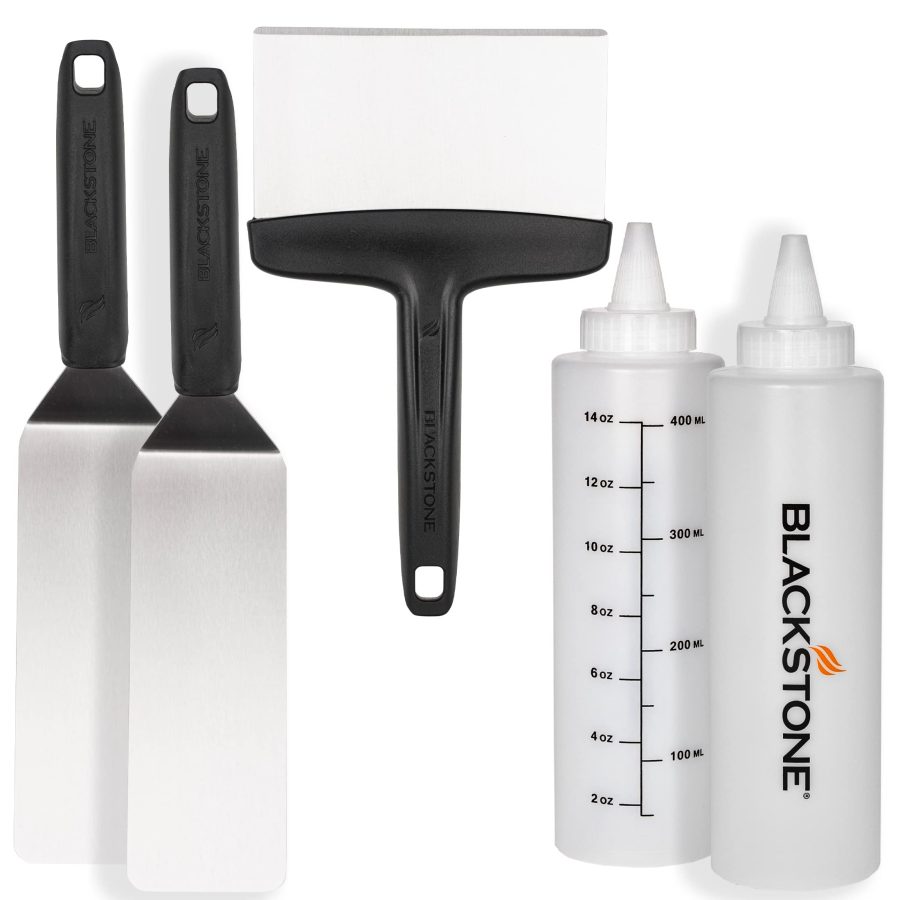 BLACKSTONE 5230 Professional Grade Accessory Tool Kit (5 Pieces) 16 oz Bottle, Two Spatulas, Chopper/Scraper and One Cookbook-Perfect for Cooking Indoor or Outdoor, Multicolor