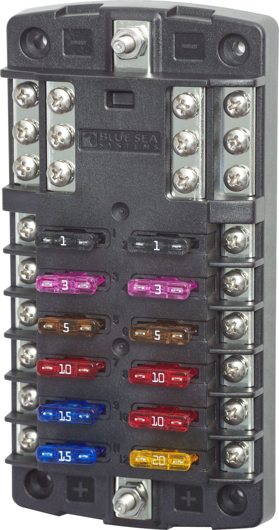 BLUE SEA 5031 FUSE BLOCK STBLADE 12CIRC W/GND, 32 Volt DC; 100 Ampere Per Block/ 30 Ampere Per Circuit; Uses ATO/ ATC Blade Style Fuse; With 12 Circuits And Negative Bus