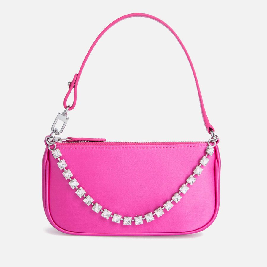 BY FAR Mini Rachel Satin and Rhinestone Chain Bag