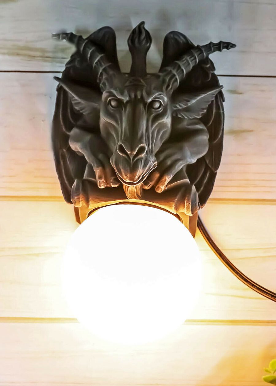 Baphomet Sabbatic Goat Pentagram Sigil Gargoyle Small Wall Sconce Lamp Set Of 2