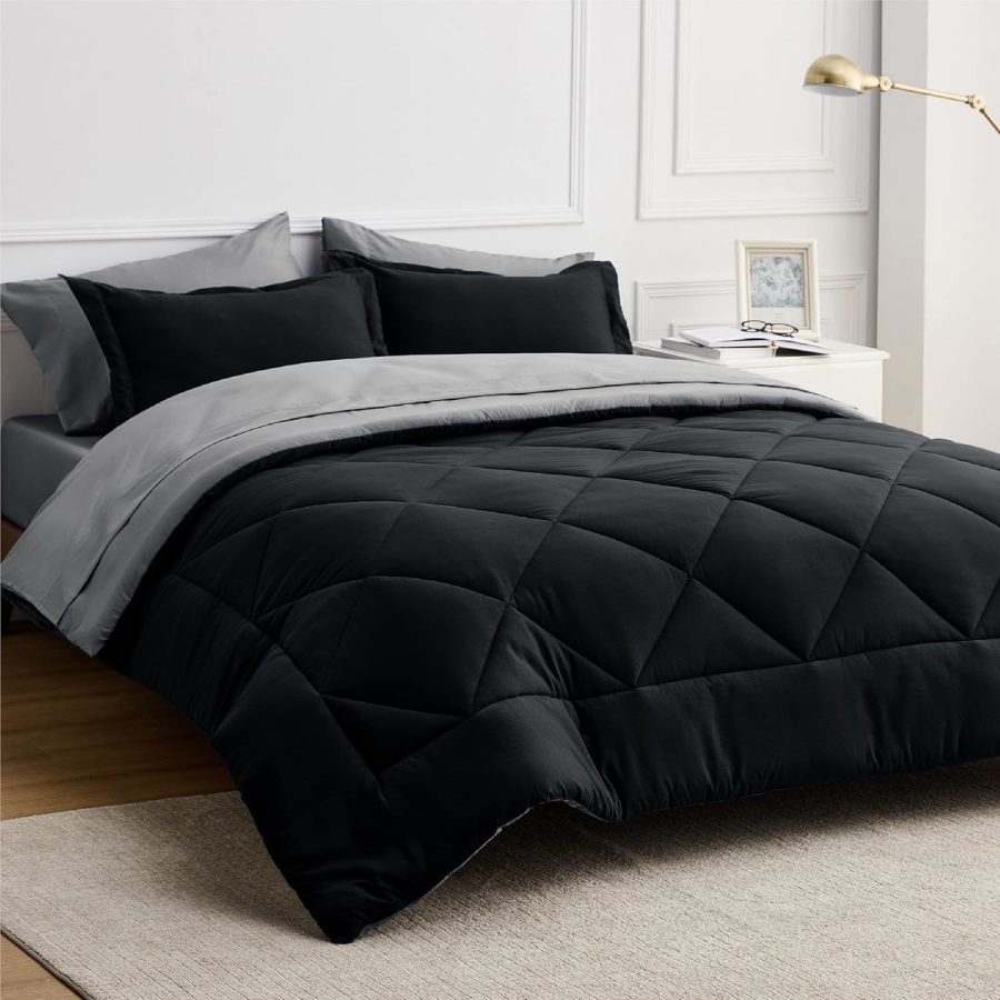 Black Comforter Set Queen - 7 Pieces Reversible Black Bed In A Bag With Comforte