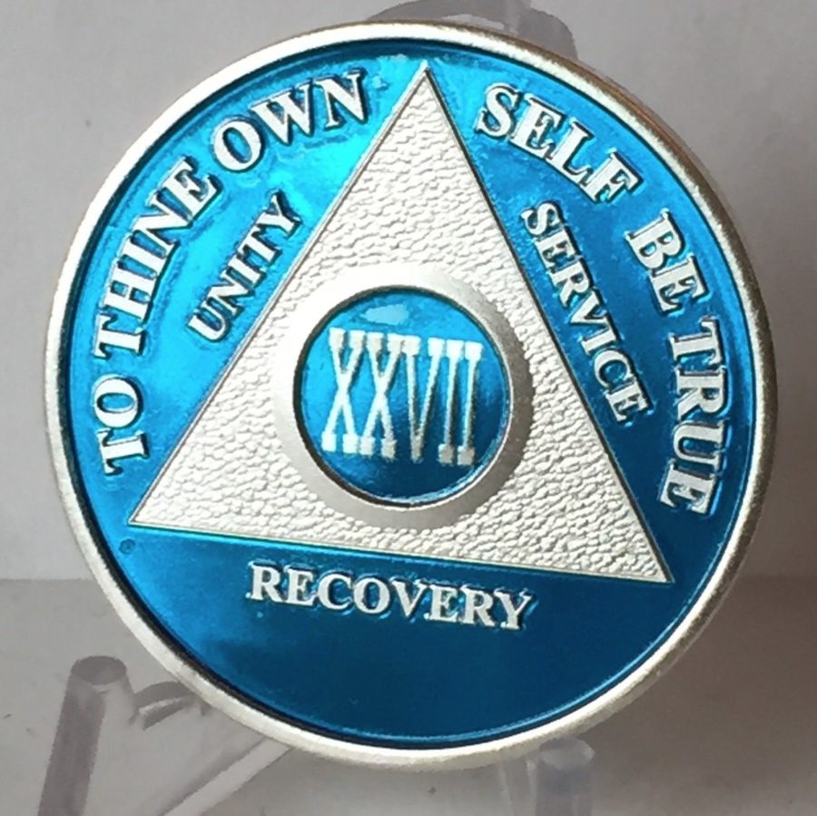 Blue Silver Plated 27 Year AA Chip Alcoholics Anonymous Medallion Coin