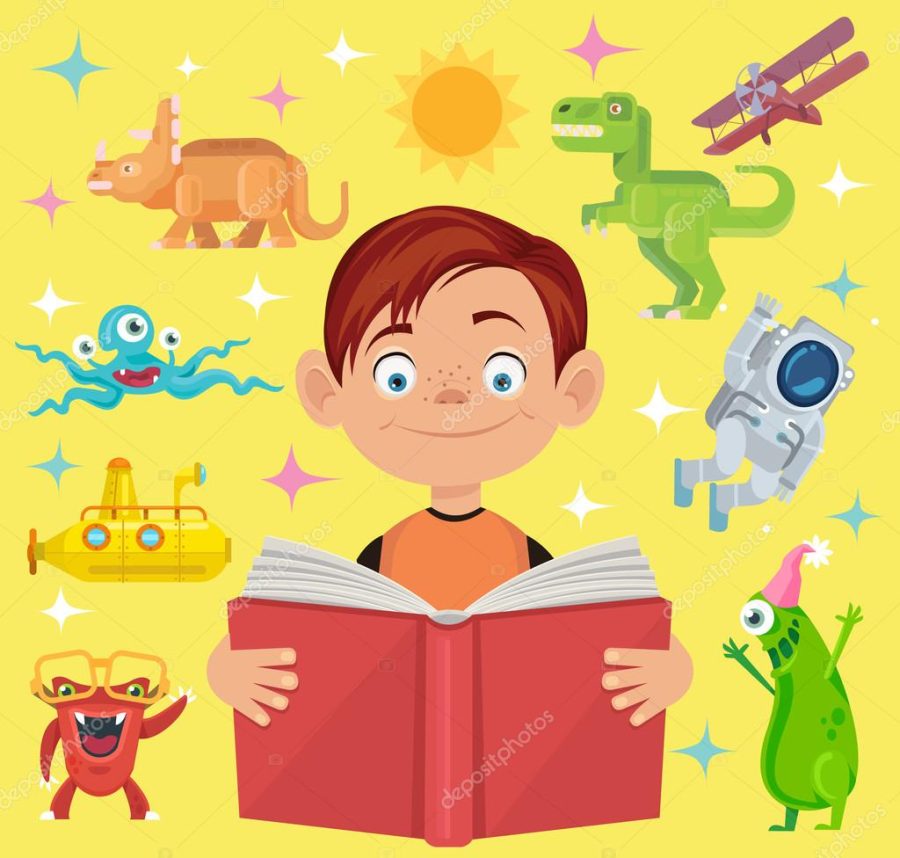 Boy reads fairy tale book. Vector flat cartoon illustration