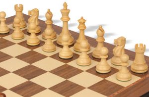 British Staunton Chess Set Acacia & Boxwood Pieces with Walnut Molded Board & Box - 4 King