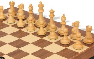 British Staunton Chess Set Ebony & Boxwood Pieces with Walnut Molded Edge Board & Box - 4 King